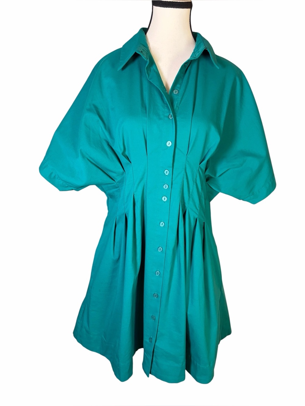 Anthropologie Exquise The Tobie Button-Front Pleated Mini Shirtdress Green Large